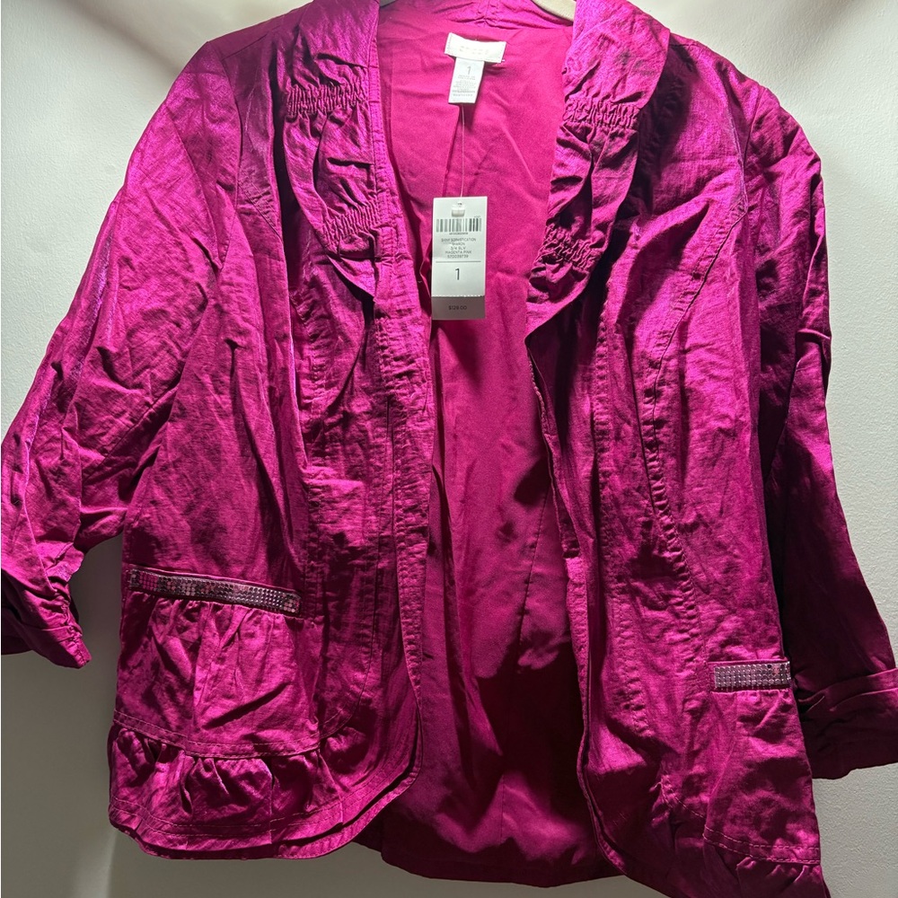 Chico's Pink Blazer with Ruched Details and 3/4 Sleeves